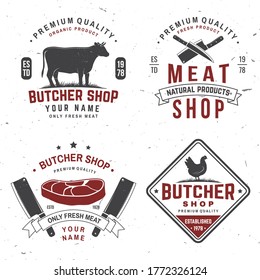 Set of butcher shop badge or label with cow, Beef, chicken. Vector illustration. Vintage typography logo design with cow, chicken silhouette. Butchery meat shop, market, restaurant business.