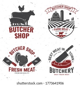 Set of butcher shop badge or label with turkey, cow, Beef, chicken. Vector illustration. Vintage typography logo design with cow, chicken silhouette. Butchery meat shop, market, restaurant business.