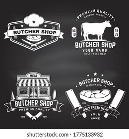 Set of butcher shop badge or label with cow, Beef, steak on chalkboard. Vector illustration. Vintage typography logo design with cow, steak silhouette. Butchery meat shop, market, restaurant business.