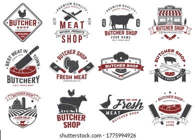 Set of butcher shop badge or label with turkey, cow, Beef, chicken. Vector illustration. Vintage typography logo design with cow, chicken silhouette. Butchery meat shop, market, restaurant business.