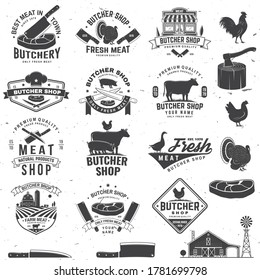 Set of butcher shop badge or label with turkey, cow, Beef, chicken. Vector illustration. Vintage typography logo design with cow, chicken silhouette. Butchery meat shop, market, restaurant business.