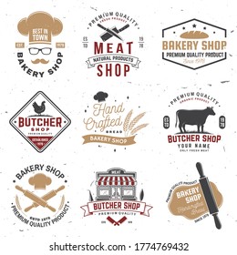 Set of butcher shop and Bakery shop badge, label. Vector. Vintage typography logo design with cow, chicken, rolling pin, dough, silhouette. For restaurant identity objects, packaging, menu