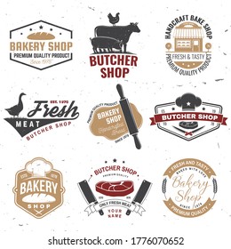 Set of butcher shop and Bakery shop badge, label. Vector. Vintage typography logo design with cow, chicken, rolling pin, dough, silhouette. For restaurant identity objects, packaging, menu