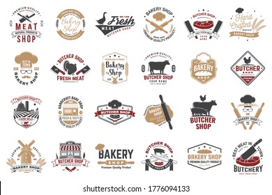 Set of butcher shop and Bakery shop badge, label. Vector. Vintage typography logo design with cow, chicken, rolling pin, dough, silhouette. For restaurant identity objects, packaging, menu