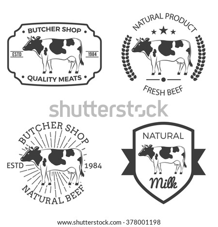 Set of butcher shop, beef and milk labels, badges and design elements
