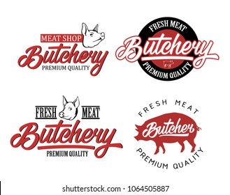 Set of Butcher Shop and Butchery hand written lettering logo, label, badge, emblem. Meat shop typography. Vector vintage illustration.