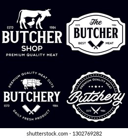 Set of Butcher Shop and Butchery hand written lettering logo, label, badge, emblem. Template for shop, cover, sticker, print, business works. Vintage retro style. Vector illustration