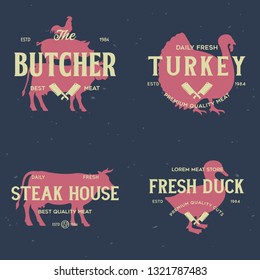 Set of Butcher Shop and Butchery hand written lettering logo, label, badge, emblem. Template for shop, cover, sticker, print, business works. Vintage retro style. Vector illustration