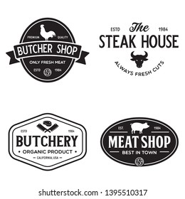 Set of Butcher Shop and Butchery hand written lettering logo, label, badge, emblem. Template for shop, cover, sticker, print, business works. Vintage retro style. Vector illustration