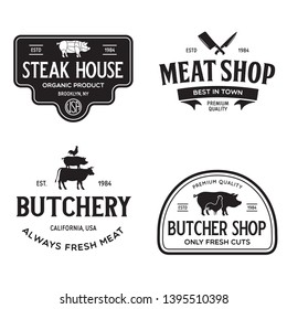 Set of Butcher Shop and Butchery hand written lettering logo, label, badge, emblem. Template for shop, cover, sticker, print, business works. Vintage retro style. Vector illustration