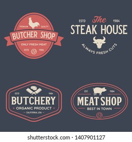 Set of Butcher Shop and Butchery hand written lettering logo, label, badge, emblem. Template for shop, cover, sticker, print, business works. Vintage retro style. Vector illustration