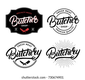 Set of Butcher Shop and Butchery hand written lettering logo, label, badge, emblem. Template for shop, cover, sticker, print, business works. Vintage retro style. Vector illustration