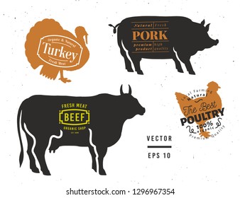 Set of butcher shop labels and design elements. Graphical bull, pig, turkey, chicken silhouettes. Hand drawn vintage illustrations. Farm logos.