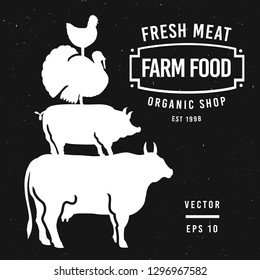 Set of butcher shop labels and design elements. Graphic bull, pig, turkey, chicken silhouettes. Hand drawn vintage illustrations on chalk board. Retro styled farm animals background, bannner template.