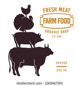 Set of butcher shop labels and design elements. Graphical bull, pig, turkey, chicken silhouettes. Hand drawn vintage illustrations. Retro styled farm animals background, bannner template.