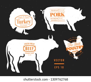 Set of butcher shop labels and design elements. Graphical bull, pig, turkey, chicken silhouettes. Hand drawn vintage illustrations on chalk board. Farm logos.
