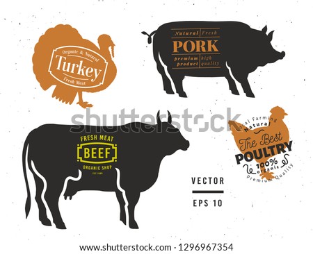 Set of butcher shop labels and design elements. Graphical bull, pig, turkey, chicken silhouettes. Hand drawn vintage illustrations. Farm logos.