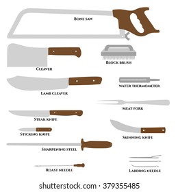 Set butcher tools. Bone saw, cleaver, block brush, lamb cleaver, water thermometer, steak knife, meat fork, sticking knife, skinning knife, sharpening steel, roast needle, larding needle. Vector.