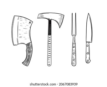 Armas frías e ilustración vectorial de color negro dibujada a mano con cuchillo. Aislado sobre fondo blanco.