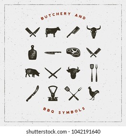 set of butchery and barbecue symbols with letterpress effect. hand drawn design elements. vector illustration