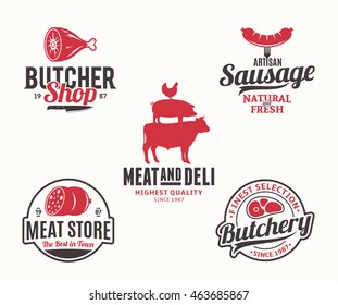 Set of butchery black and red logo and design elements for grocery, food labels and meat store branding and identity.