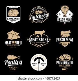 Set of butchery gold and white logo, icons and design elements