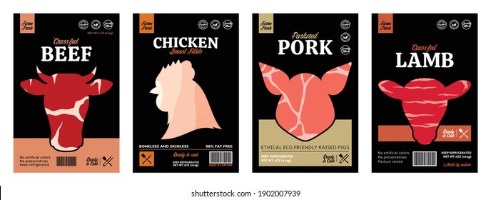 Set of butchery label templates. Farm animal icons for groceries, meat stores, packaging and advertising. Vector label design