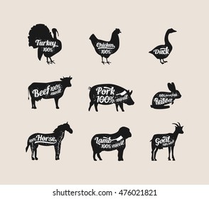 Set of butchery labels. Cafe labels. Can be used for grocery labels, badges, signs, logos. Farm animals meat: beef, turkey, goat, pork, chicken, duck, horse. Butcher shop - Vector illustration