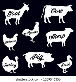 Set of butchery logo. Farm animals silhouettes collection for groceries, meat stores, packaging and advertising. Beef, pork, chicken, milk labels. Vector illustration.