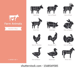 Set of butchery logo. Farm animals silhouettes collection for groceries, meat stores, packaging, and advertising. Beef, pork, chicken, milk labels. Vector illustration.