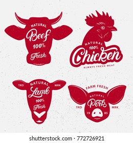 Set of butchery logo, label, emblem, poster. Farm animals heads silhouettes with lettering words beef, lamb, chicken and pork for meat stores, butchery shop, farmers market. Vintage style. Vector.