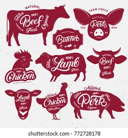 Set of butchery logo, label, emblem, poster. Farm animals with lettering words. Vintage style. Farm animals and heads silhouettes collection for meat stores, butchery shop, farmers market. Vector.