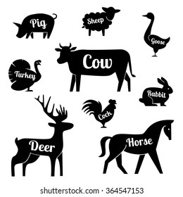 Set of butchery logo templates Cartoon farm animals with sample text. Retro styled toy farm animals black silhouettes collection for meat stores, groceries, packaging advertising. Vector butcher block