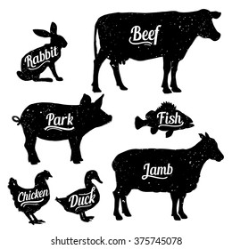 Set of butchery logo templates. Farm animals with sample text. Retro styled farm animals silhouettes collection for groceries, meat stores, packaging and advertising. Vector logotype design.