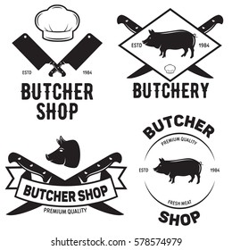 Set of butchery logo templates. Butchery labels with sample text. Butchery design elements and farm animals silhouettes for groceries, meat stores, packaging and advertising.