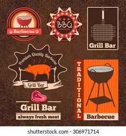 Set of butchery logos, badges and labels for restaurant, shops and cafes. Vector illustration of BBQ and grill  in vintage style. 