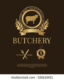 Set of Butchery logos: beef, knife and folk, Premium quality templates. Golden badges on black background.