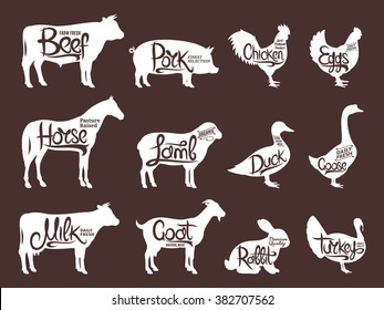 Set Of Butchery Logos. Farm Animals Silhouettes Collection