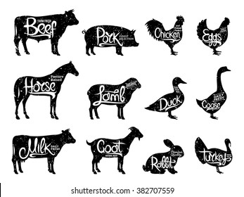 Set of butchery logos. Retro styled farm animals silhouettes collection