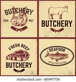 Set of butchery, meat store, seafood posters set. Design elements for restaurant menu. Vector illustration.