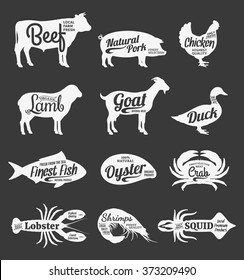 Set Of Butchery And Seafood Logo. Farm Animals And Sea Animals Icons