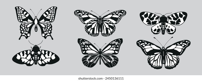 Set of buterflies with black and white wings in the style of wavy lines and organic shapes. Y2k style aesthetic, wing shapes in front view, magic symbols collection, abstract illustration. Vector 