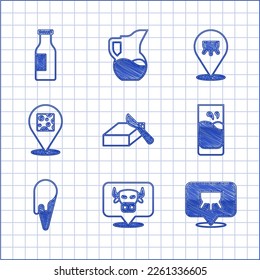 Set Butter in a butter dish, Cow head, Udder, Glass with milk, Ice cream waffle cone, Cheese,  and Bottle icon. Vector