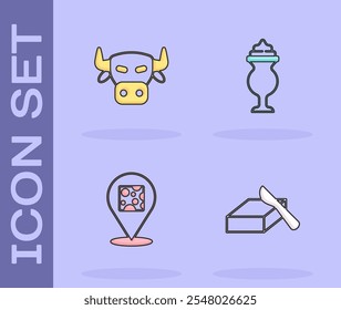 Set Butter in a butter dish, Cow head, Cheese and Milkshake icon. Vector