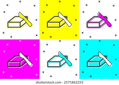 Set Butter in a butter dish icon isolated on color background. Butter brick on plate. Milk based product. Natural dairy product.  Vector