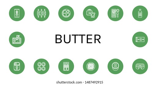 Set of butter icons such as Peanut, Calcium, Pancake, Peanut butter, Churros, Yogurt, Condensed milk, Curd, Bean toasting, Sour cream