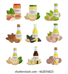 Set Of Butter And Nut Oil Vector Illustrations. Flat Design. Healthy Food, Diet And Cosmetic Products. Seasoning. Culinary Ingredient, Source Of Protein, Vitamins, Fatty Acids. Isolated On White.