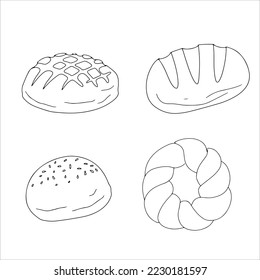 Set Butter pastry. Confectionery. Bun for breakfast. Loaf. Bakery. Vector illustration on a white background.