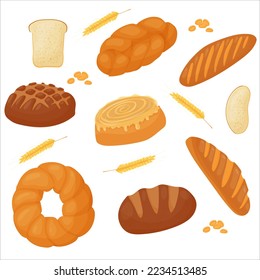Set Butter pastry. Confectionery. Bun for breakfast. Loaf. Bakery. Vector illustration on a white background.