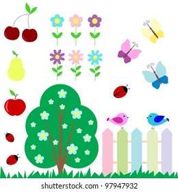 Set of butterflies, birds, flowers, fruits for scrapbook